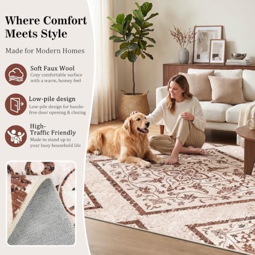 5x7Ft Boho Washable Area Rugs for Living Room, Light Brown Thin Bedroom Rugs Non Slip, Moroccan Soft Kids Nusery Area Floor Carpets for Dining Room Playroom Kitchen Farmhouse Decor - Image 3
