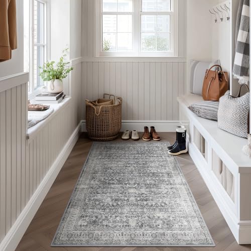 Grey Vintage 3x5 Entryway Rug Indoor Foyer, Neutral Gray Throw Rug for Kitchen Bathroom, Machine Washable Non Slip Thin Area Rug for Nursery/Bedroom Bedside/Home Office/Dorm - Image 3