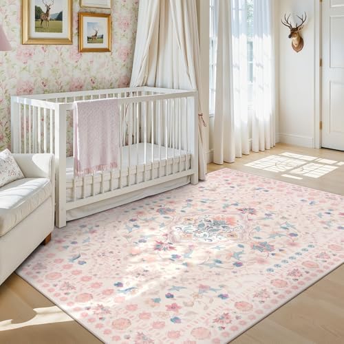Wonnitar Floral 5x7 Washable Nursery Rug, Pink Rugs for Bedroom Girls, Boho Ultra-Thin Soft Non Slip Floor Carpet for Dorm Living Room Playroom Home Decor, Pastel Pink - Image 4
