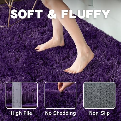 8ft Fluffy Dark Purple Round Rug for Bedroom Living Room, Washable Non-Slip - Image 6