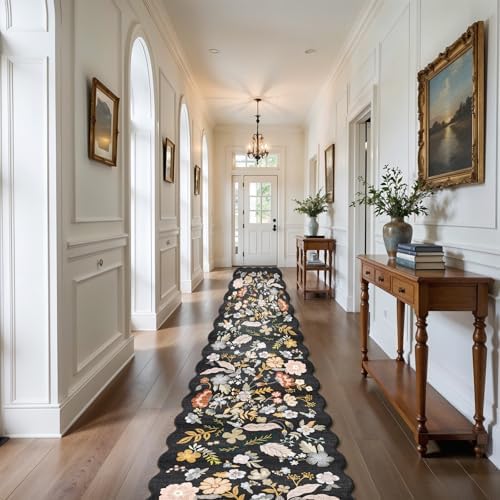 3x20 Hallway Runner Rug Washable: Boho Extra Long 20ft Scalloped Rug Black - Image 7
