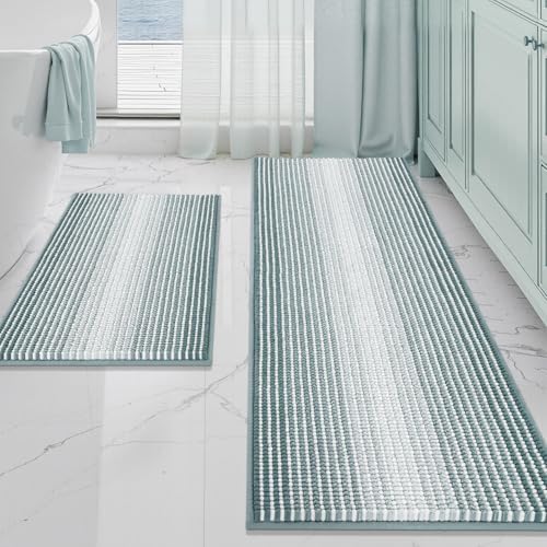 BSICPRO Bathroom Rugs Sets 2 Piece, Non Slip Striped Bath Mats, Sea Green by BSICPRO
