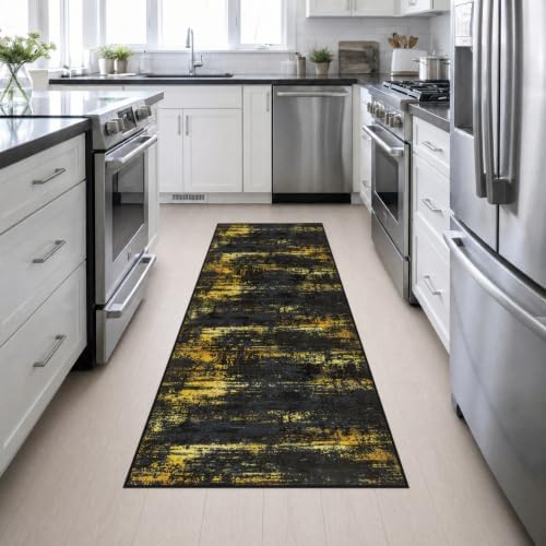 2.6x8 Washable Runner Rug：Modern Abstract Soft Carpet Black Gold - Image 5