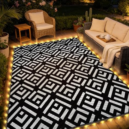 Outdoor Rug 6x9Ft, Solar Powered Outdoor Camping Rug with 94LEDs Strip Lights, Waterproof Plastic Reversible Outdoor Straw Rug, Rug Mat for RV Camping Patio Beach Balcony House Deck Picnic - Image 5