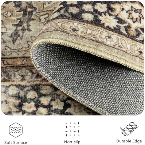 9x12 Area Rugs for Living Room - Washable Vintage Retro Large Rug, Soft Ultra Thin Non Slip Low Pile Traditional Distressed Boho Carpet for Bedroom Dining Room Home Office, Charcoal Olive - Image 5