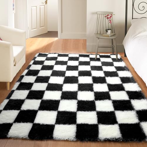 KICMOR Black and White 3x5 Rugs for Bedroom Bedside, Fluffy Soft Checkered Shag Area Rug Fuzzy Shaggy Small Living Room Carpet, Plush Throw Rug for Kids Boys Girls Dorm Nursery Home Decor Aesthetic - Image 3