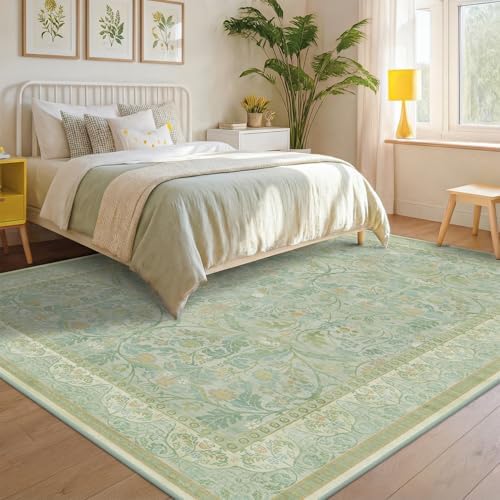 Large 8x10 Bedroom Area Rug, Washable Living Room Rugs, Floral and Botanical Shabby Chic Décor, Non Slip & Low Pile Soft Carpet (Sage Green) by Evyhood