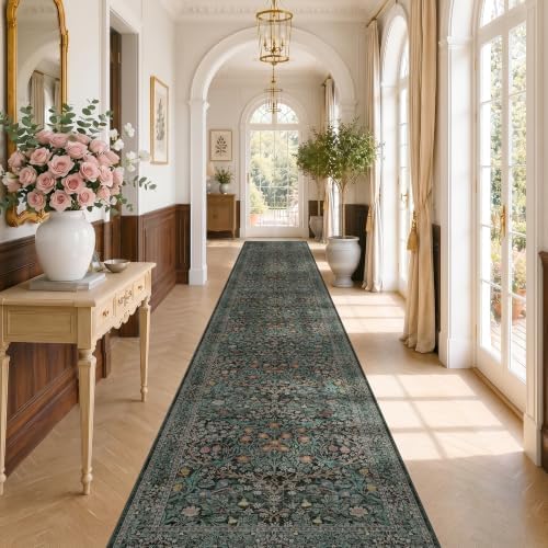 Dark Green Washable 3x20 Extra Long Runner Rug for Hallway Non Slip, Large Kitchen Indoor Floor Rugs for Entryway Hall Way, Soft Stain Resistant Low Pile Vintage Floral Carpet by HazoHaus
