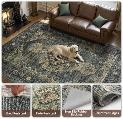 Olive Green 5x7 Area Rugs for Living Room Bedroom Rug Washable Soft Vintage Neutral Farmhouse Dining Room Office Rug Carpet Water Repellent Easy Care Non Slip - Image 5