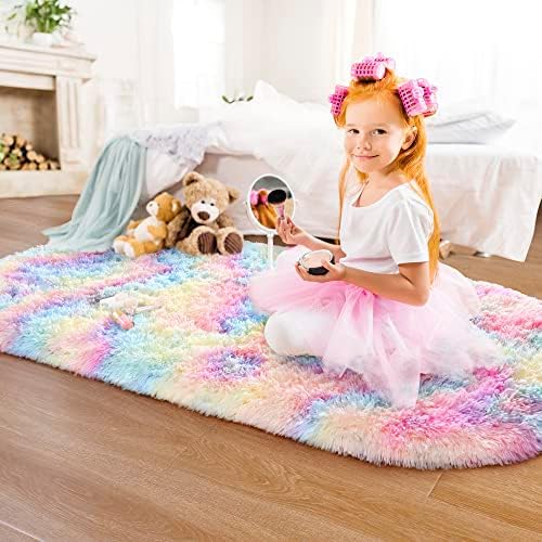 Noahas Oval Fluffy Rainbow Rug 2.6X5.3 Small Kids Rugs for Bedroom Girls And Boys Aesthetic,Bedside Bedroom Rug,Ultra Soft Runner Carpet Modern Shaggy Nursery Area Rugs Home Decor - Image 3