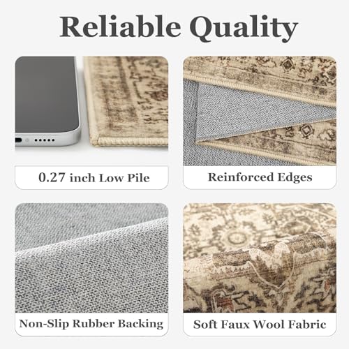 Vintage Brown 5x8 Area Rugs for Living Room, Distressed Medallion Dining Room Rug Washable Non Slip, Low Pile Thin Carpet Rugs for Den/Bedroom/Foyer/Home Office, Earthy Brown Taupe Black - Image 6