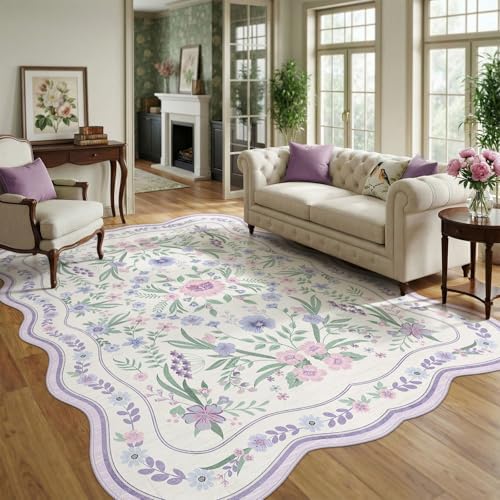 Scalloped Floral Rug 8x10, Purple Lavender Washable Non Slip Large Area Rug for Girls Bedroom, Soft Low Pile Cottagecore Rug for Nursery, Dorm, Living Room by Dadasgk