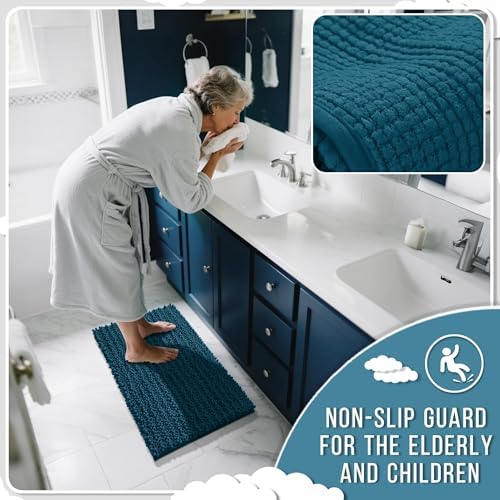 Yimobra Bathroom Runner Rug 55x24 Inch - Extra Long Non Slip Chenille Bath Mat, Soft & Absorbent, Machine Washable Shaggy Hallway Carpet for Vanity Tub Shower, Peacock Blue Home Decor Accessories - Image 6