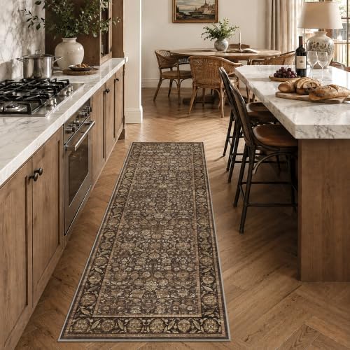 Washable 2.6x8 Kitchen Non-Slip Runner Rug Vintage Brown Throw Carpet - Image 4