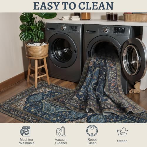 Tangsoo Dark Blue 2.6x8 Washable Runner Rug for Hallways, Non Slip Runner - Image 3