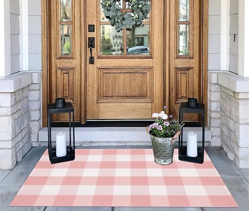 Pink White Layered Doormat 27.5"x43.3"Washable Buffalo Plaid Outdoor Rug - Image 4