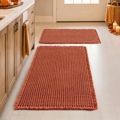MIULEE Fall Orange Set of 2 Waffle Bathroom Rugs Bath Mat 17"x24"+20"x32" by MIULEE
