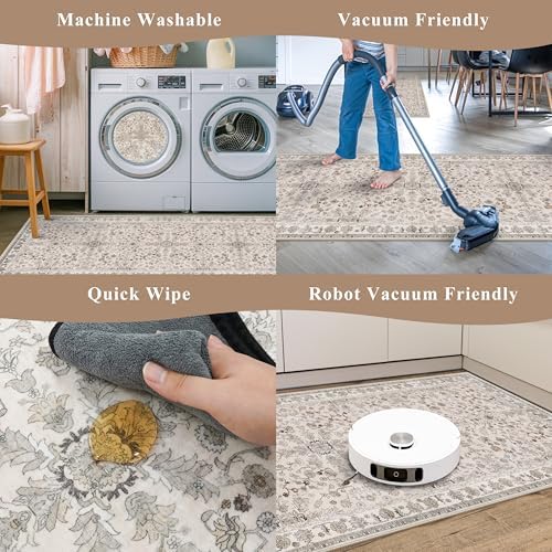 3x4 Entryway Rug Washable Non-Slip–Boho Floral Stain-Resistant Small Area Rug for Kitchen Bedroom Bathroom – Soft Low-Pile Thin Indoor Door Mat (Beige,3x4) - Image 6