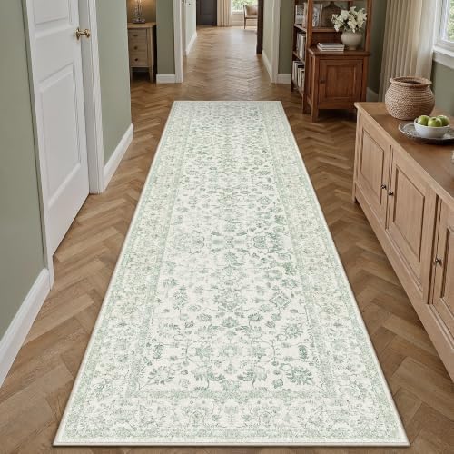 PureCozy 2x10 Green Runner Rug Washable Hallway Non Slip Kitchen Vintage - Image 3
