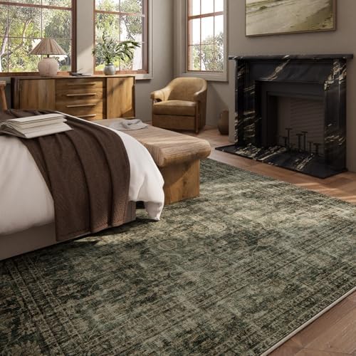 10x12 Area Rugs for Living room: Large Washable Rugs Stain Resistant Non Slip Distressed Vintage Floral Rug Low Pile Faux Wool Soft Green Rugs for Bedroom Farmhouse Dining Room Kids Playroom Nursery - Image 5
