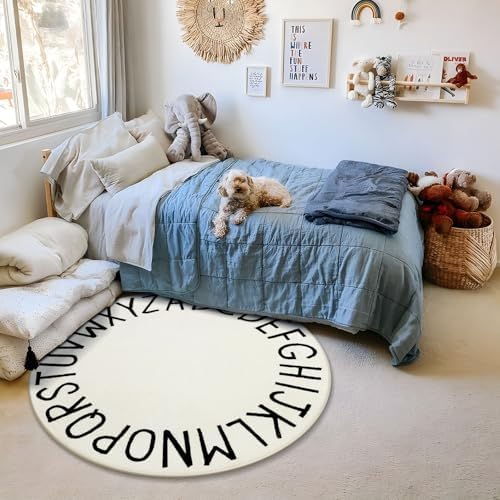Topotdor Round ABC Area Rug,96 Inch Soft Floor Carpet,Teal - Image 2