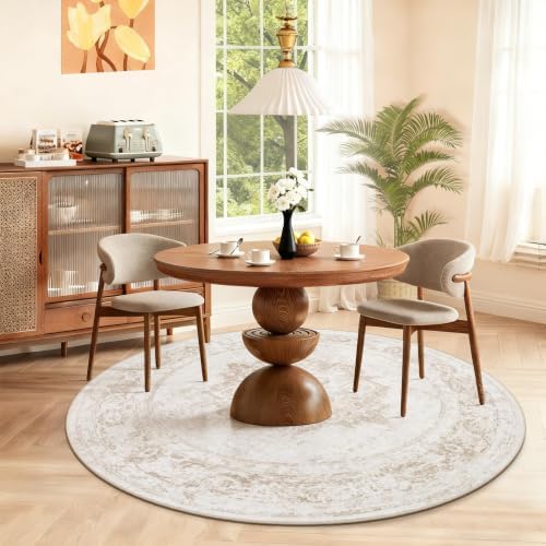 Round Rug 4ft Vintage Rugs: Small Washable Circle Rug Distressed Non Slip Circular Carpet for Living Room Bedroom Kitchen Home(Beige, 4' Round) - Image 3