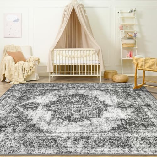 Area Rug 4x6 Vintage Rugs: Washable Indoor Medallion Rug Low Pile Distressed Floor Carpet Retro Accent Rugs for Living Room Bedroom Kitchen Dining Table Home Office(Black, 4'x6') by ZomfyRugs