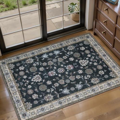 Tangsoo Black 2x3 Washable Rugs for Entryway, Vintage Non Slip Small Rug by Tangsoo