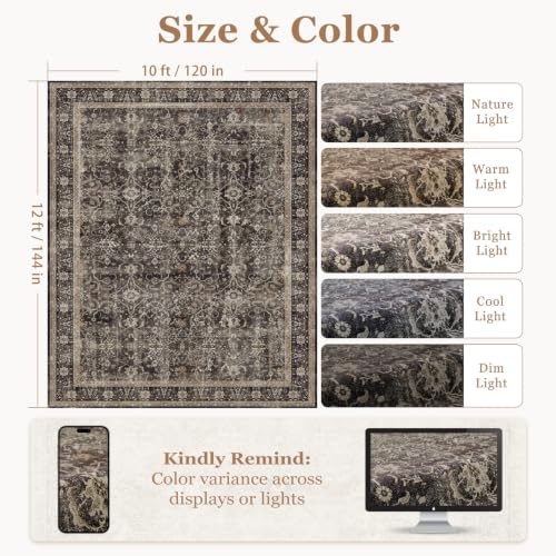 Washable Area Rug 10x12 Living Room, Vintage MCM, Black/Brown/Beige - Image 2