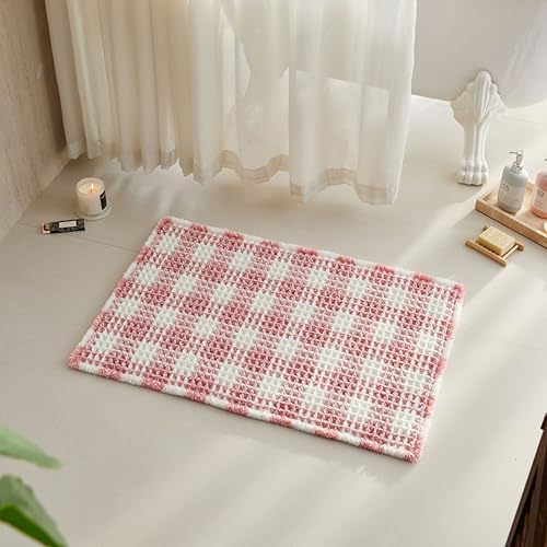 TYUU Waffle Bath Mat, Small Cute Bathroom Rug Non Slip, 24x16 Pink & White by TYUU
