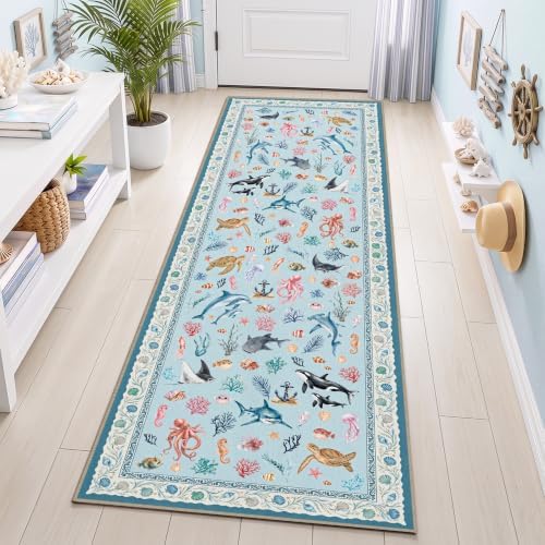 Arenarug Coastal Runner Rug 2x6 Washable Kitchen Runner Rug, Coastal Blue - Image 3