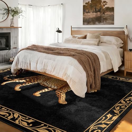 Black Leopard Area Rug 5x7 Luxury Vintage Washable Floor Mat - Image 4