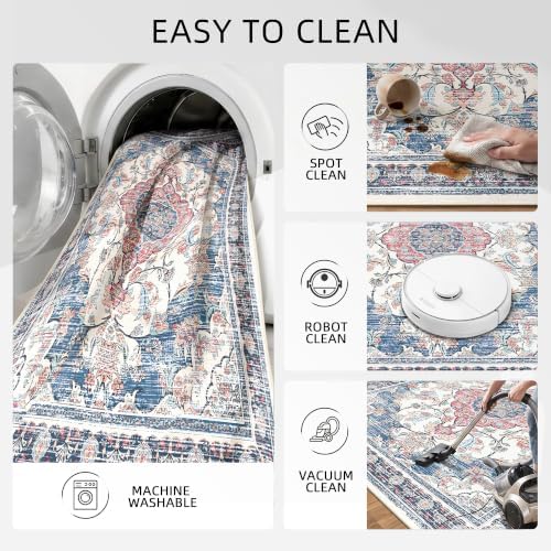 2x3 Boho Washable Entryway Area Rugs, Small Non Slip Door Mat, Retro Blue