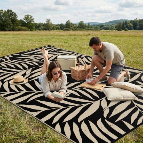 Smiry Outdoor Rug 6x9 ft Waterproof Reversible Leaf Mat, Black & Beige - Image 4