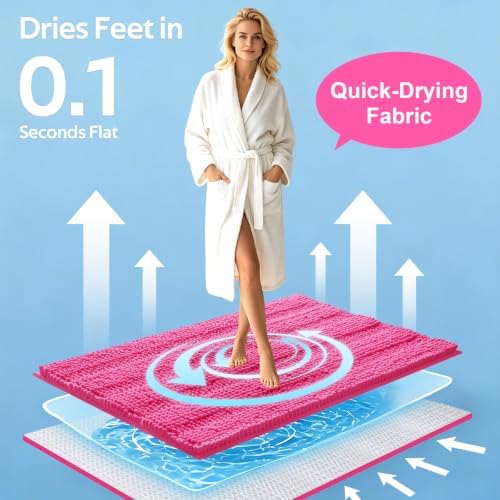 ACCUMTEK Christmas Striped Hot Pink Bathroom Rug Set 3 Pieces Ultra Soft, Non Slip Chenille Toilet Mat, Absorbent Plush Shaggy Bath Mats for Bathroom, Bedroom, Kitchen, Peach - Image 3
