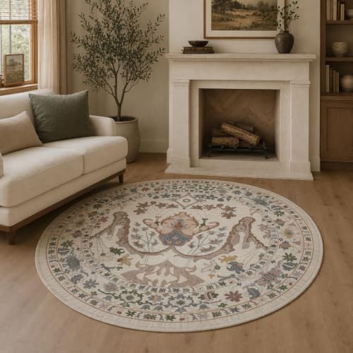 Area Rug for Living Room 5 Round Washable Floral Rug - Image 3