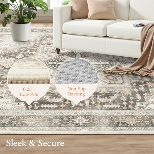 Rugflix 9x12 Area Rugs for Living Room, Machine Washable Rug Non Slip Stain Resistance, Large Rug Vintage Distressed Soft Carpet for Bedroom, Dining Room, Home Office, Beige Grey - Image 4