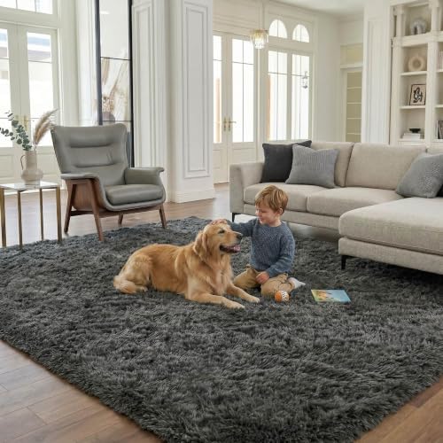 8x10 Ft Dark Grey Fluffy Area Rug for Living Room, Washable by OHWPEAT