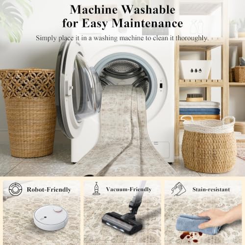 JOOJA 2x3 Beige Vintage Low Pile Non Slip Washable Boho Entryway Throw Rug - Image 5
