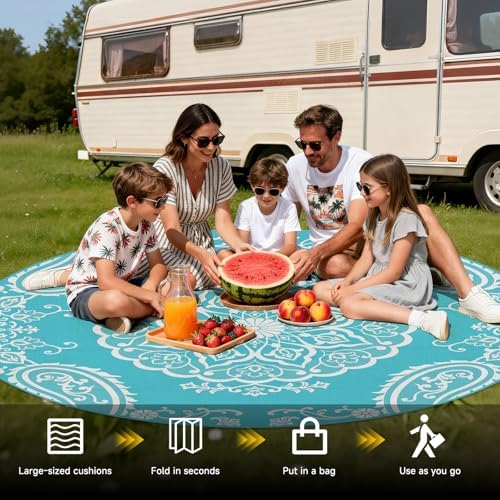 Pauwer Outdoor Rug 8ft, Waterproof Plastic Straw Camping Rug, Boho Teal - Image 5