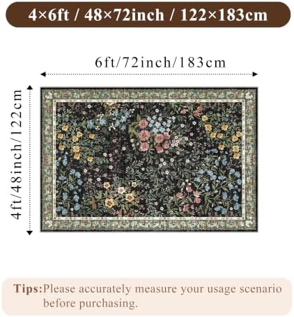 4x6 Washable Entryway Area Rug: Non Slip Floral Washable Entry Rug Living Room Area Rug for Indoor Floor Kitchen Bedroom - Soft Thin Door Mat Carpet Boho Vintage Home Decor (4'x6', Black) - Image 2