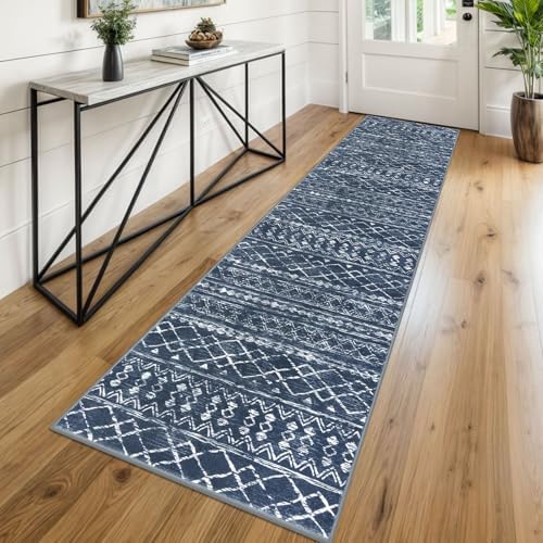 KUTA Boho Runners for Hallways 2x8 Navy Blue Washable Runner Rug by KUTA