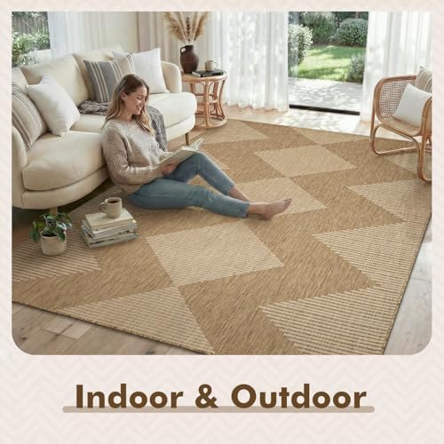 MontVoo-Outdoor Rug-Patio Rug 9x12 Polypropylene Indoor Outdoor Rug Outdoor Carpet for Patio Deck Balcony Porch, Textured Weave, Durable for High Traffic, Fade-Resistant, Boho Geometric Neutral Brown - Image 3
