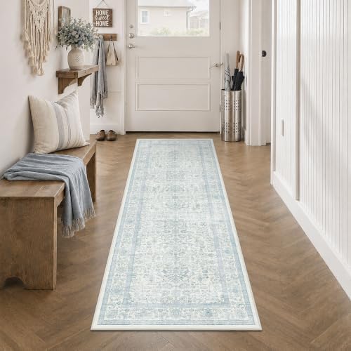 2x6 Washable Kitchen Runner Rug Non-Slip Vintage Blue Throw Carpet - Image 3
