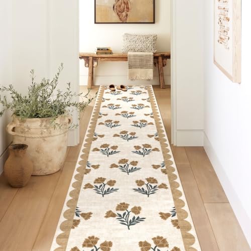 Non Slip Washable Hallway Runner Rug - 2x12 Extra Long Beige Kitchen Runner Rug Soft Boho Runners for Hallways Vintage Floral Scalloped Area Rug for Bedroom Entryway Foyer Stair Runner Decor by Othilic