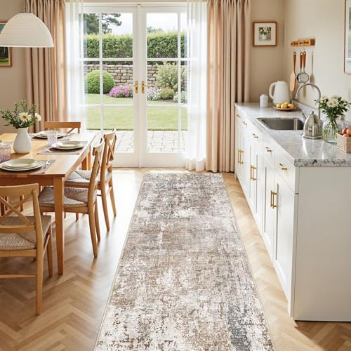 UERMEI 3x12 Washable Runner Rug for Hallway, Non Slip Low Pile Kitchen Carpet, Neutral Modern Abstract Indoor Floor Mat for Entryway Laundry, Kid & Pet Safe High Traffic Area, Brown/Grey/Red - Image 3