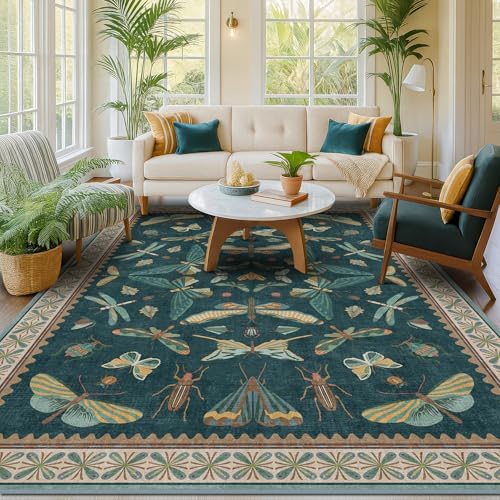 Hazo Haus Oriental Blue and Green Area Rugs for Living Room 6x9 - Insect & Butterfly Dining Table Rug, Bedroom Boys, Washable Non Skid Rubber Backed, Vintage Funky Home Décor - Image 3