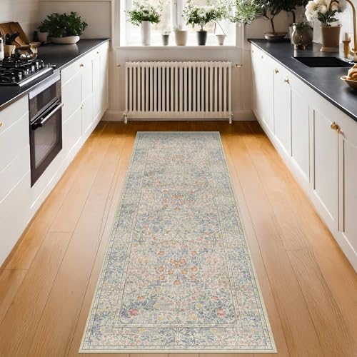 Hazo Haus Non Slip Beige Blue Hallway Runner Rug - Long Runner Rugs 2x7 Washable Kitchen Floor Mat, Laundry Room Rug, Bathroom Runner - Vintage Design Décor - Image 3