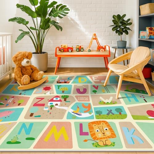 5x7 ABC Alphabet Rug for Preschool Kids – Educational Learning Rug for Toddlers, Washable Classroom or Playroom Carpet, Soft & Safe Floor Decor with Fun Letters and Whimsical Art Décor by HazoHaus