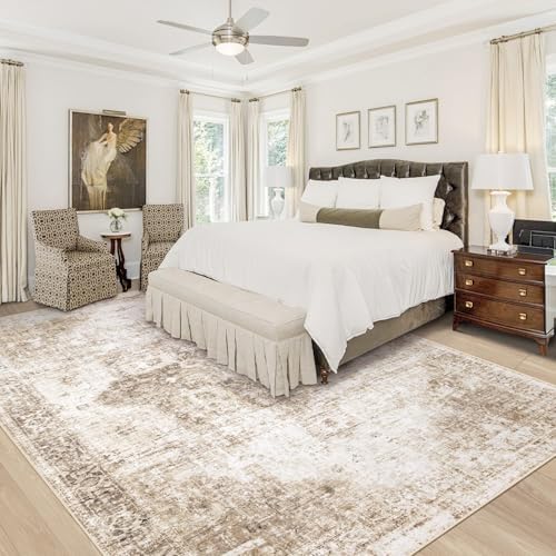 Area Rug 10x14 Washable Rug, Vintage Boho Medallion Rugs Non-Slip Soft Low Pile Large Distressed Rug Indoor Retro Carpet for Living Room Bedroom Dining Room Home Office (Brown, 10'x14') - Image 2